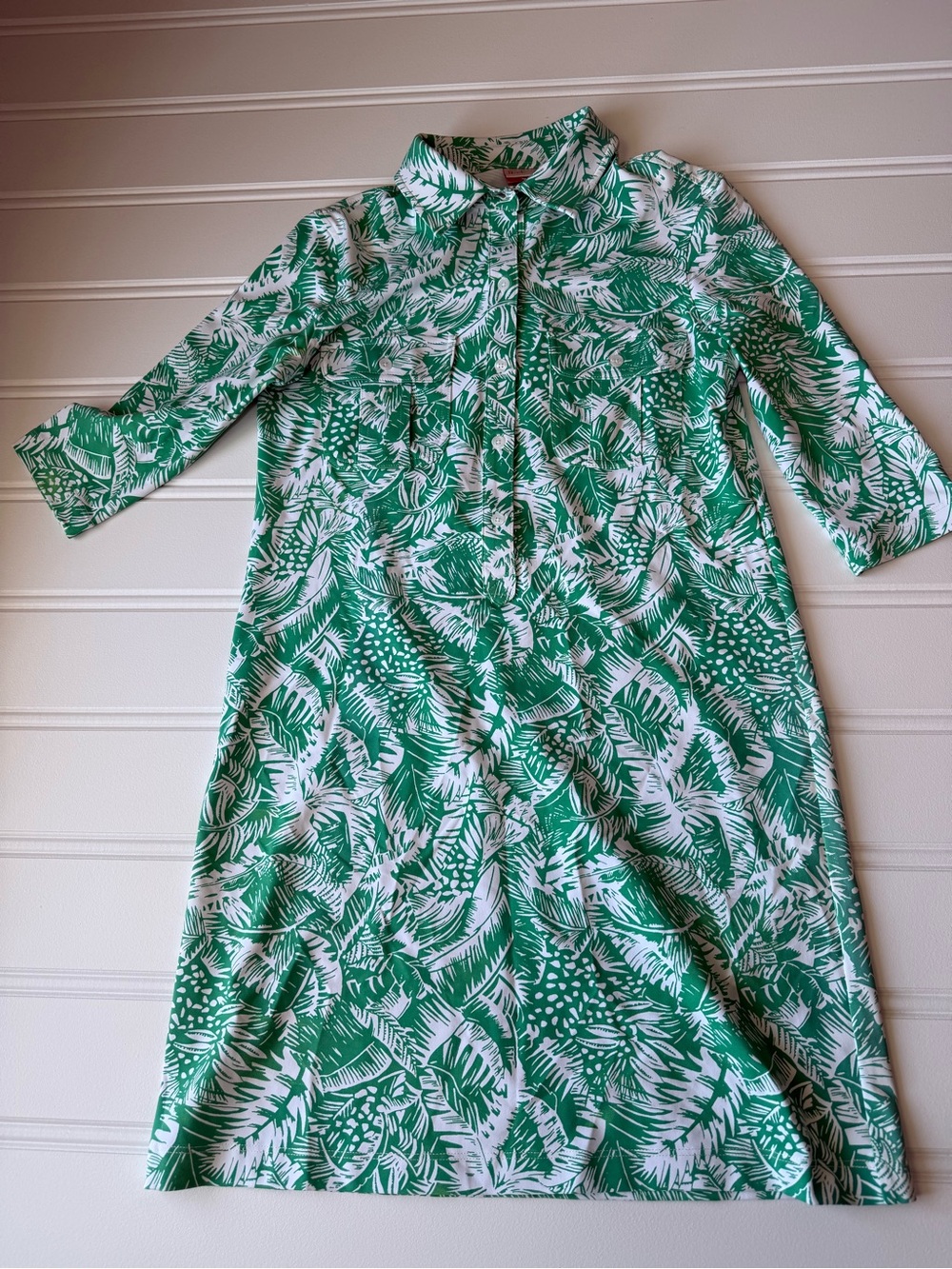 Persifor 3/4 Sleeve Button Shirt Dress Small Stretch White Green 2016